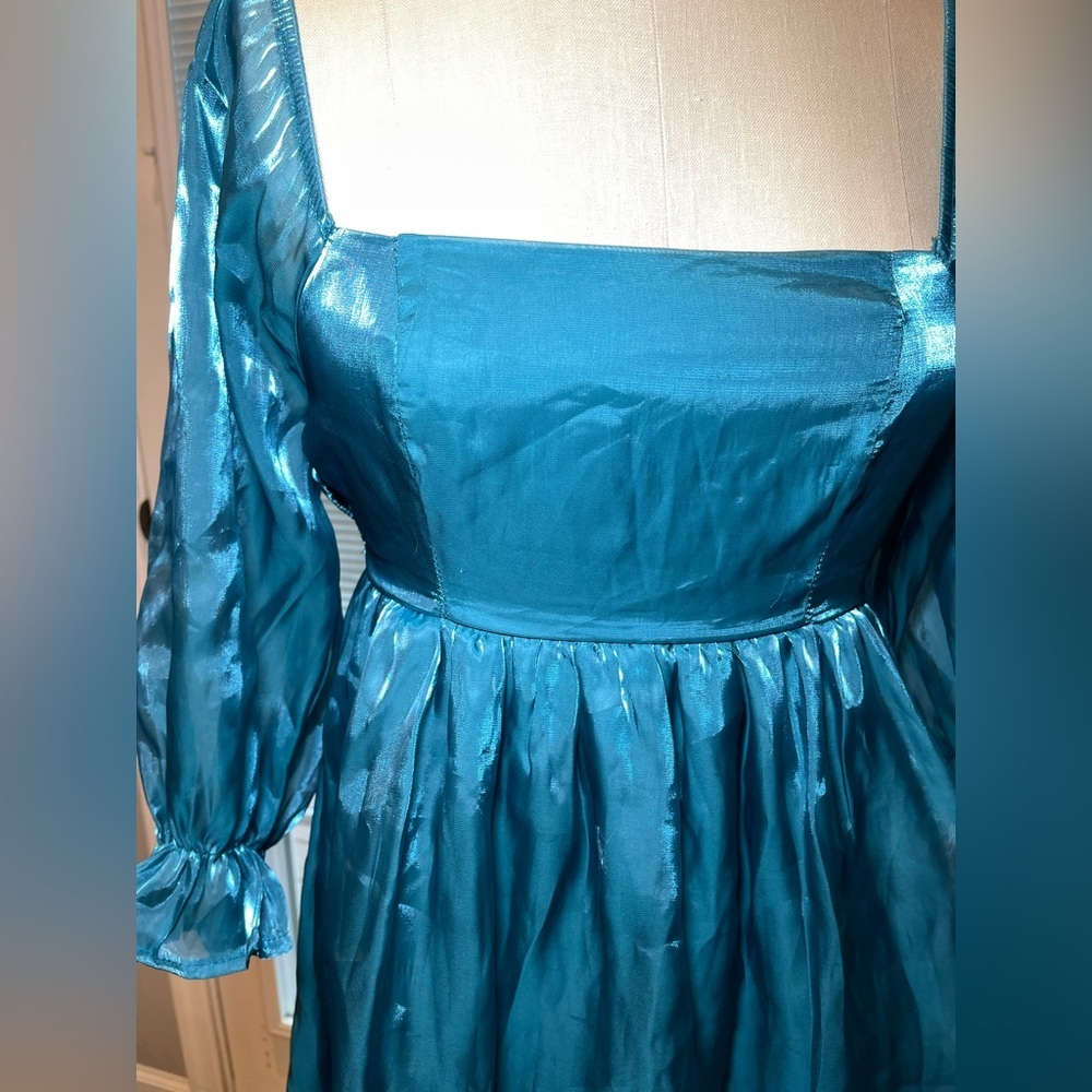 Teal Satin Mini Dress Puff Sleeve Square Neck Party XS - Picture 2 of 8